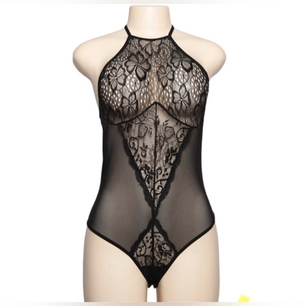 Women’s Black Lace Halter Bodysuit Open Back Sheer Floral Lingerie Size Medium